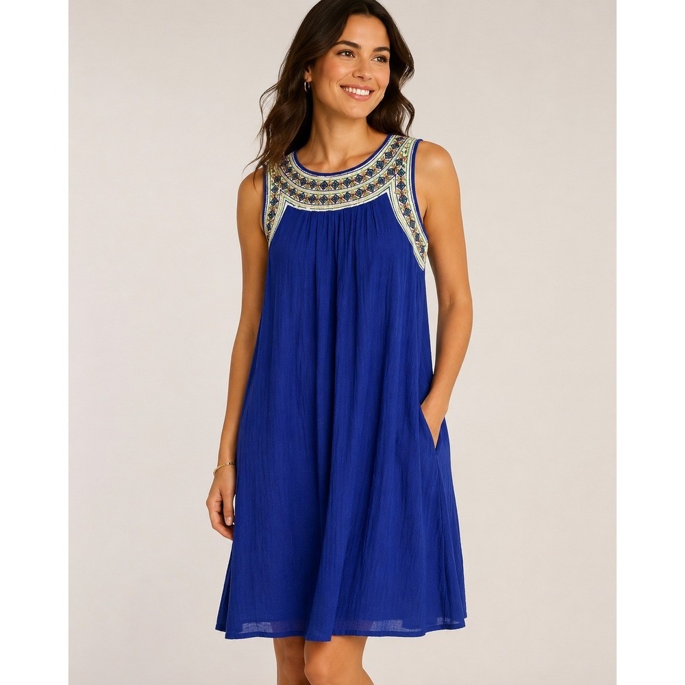 Luxology Royal Blue Embroidered Sequin Neckline Sleeveless Shift Dress M NWT
